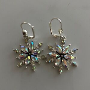 Snowflake Drop Earrings‎ Silver AB Crystal Winter Holiday Style